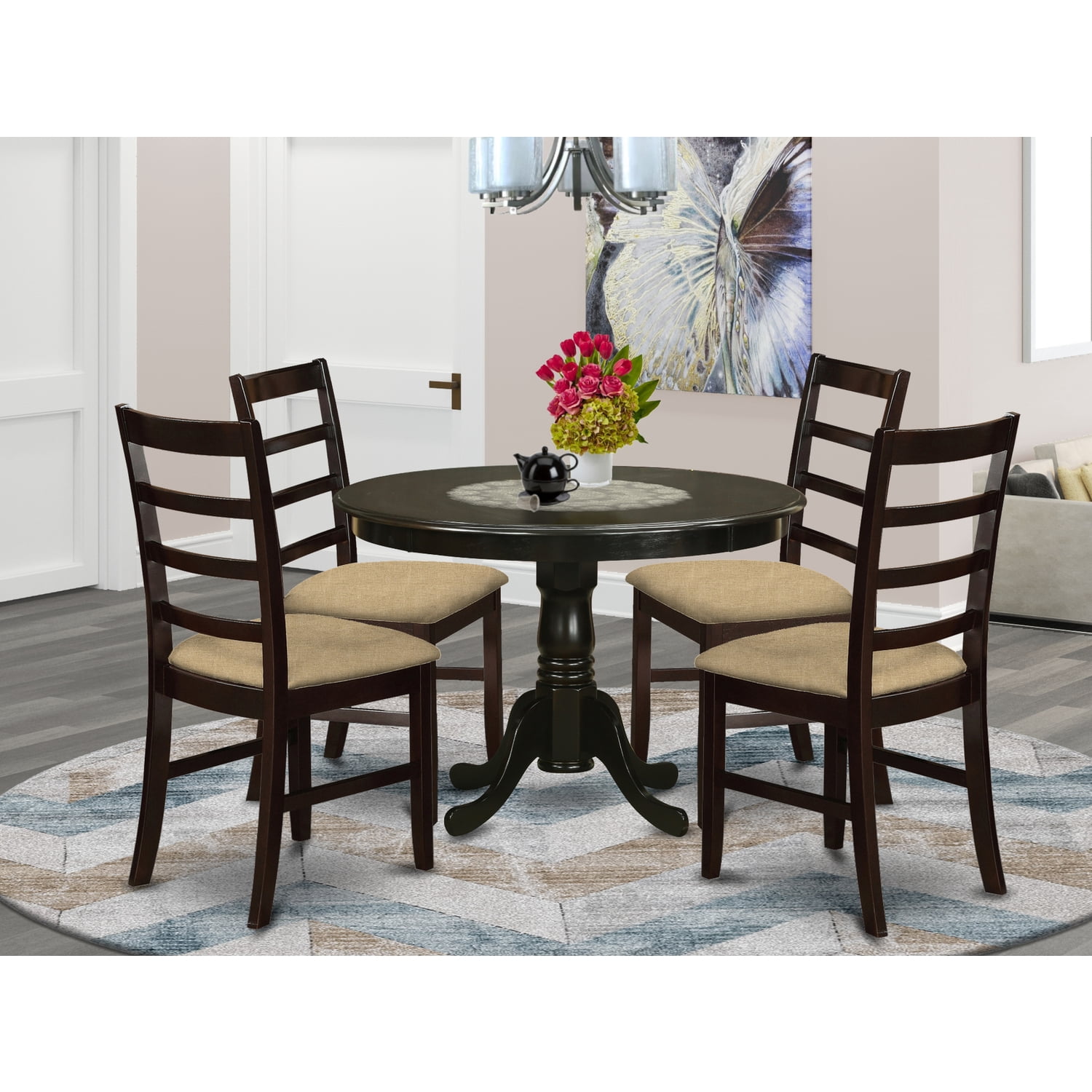 East West Furniture Hartland 5 Piece Round Pedestal Dining Table Set ...