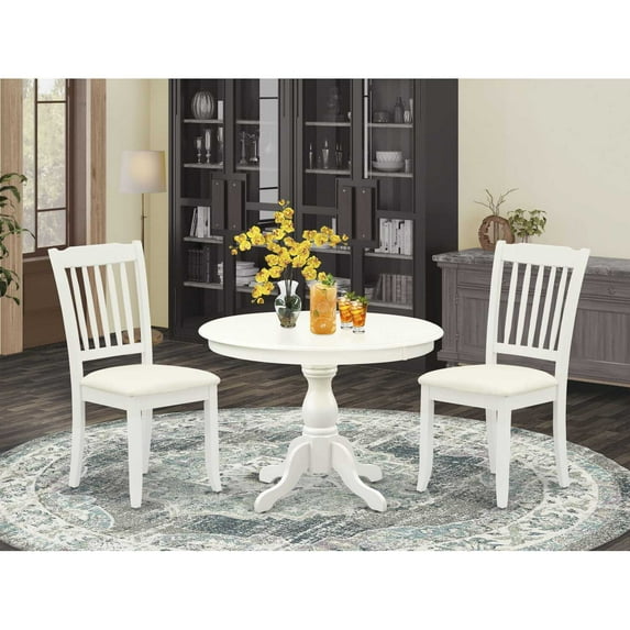 East West Furniture HBDA3-LWH-C 3 Piece Kitchen Set - Linen White Wood Table and 2 Linen White Chairs for Dining Room with Slatted Back - Linen White Finish