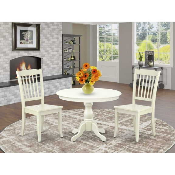East West Furniture HBDA3-LWH-W 3 Piece Modern Dining Table Set - Linen White Breakfast Table and 2 Linen White Dining Chairs with Slatted Back - Linen White Finish