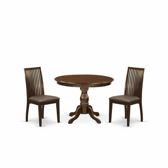 East West Furniture HBIP3-MAH-C 3 Piece Table and Chairs Dining Set - Mahogany Wood Dining Table and 2 Mahogany Linen Fabric Chairs for Dining Room with Slatted Back- Mahogany Finish