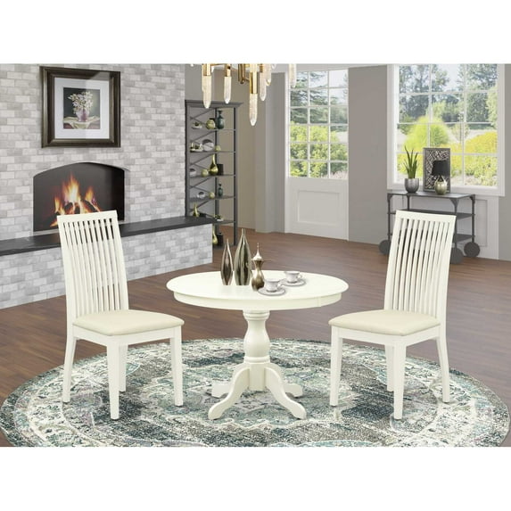 East West Furniture HBIP3-LWH-C 3 Piece Kitchen Dining Table Set - Linen White Round Dining Table with 2 Linen White Dining Room Chairs with Slatted Back - Linen White Finish