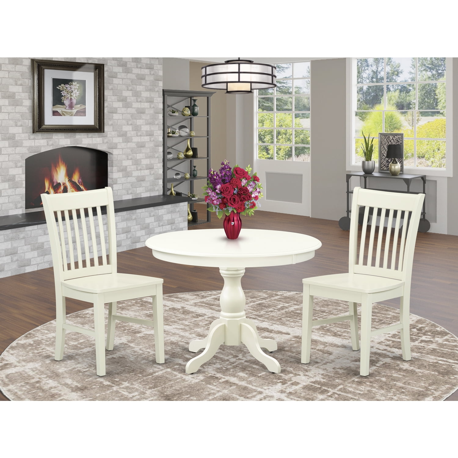 Linen White Round Dining Table Set with Slatted Chairs