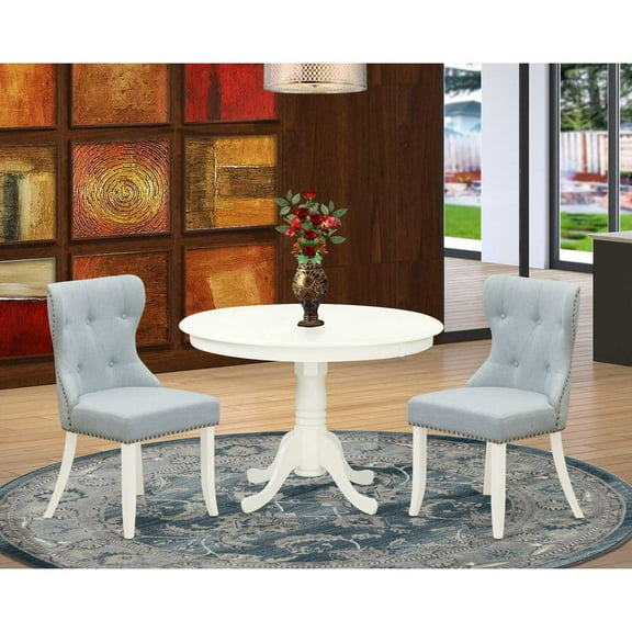 East West Furniture East-West Furniture HLSI3-LWH-15 - A modern dining table set of two fantastic parson dining chairs with Linen Fabric Baby Blue color and a beautiful 42-Inch Antique pedestal...