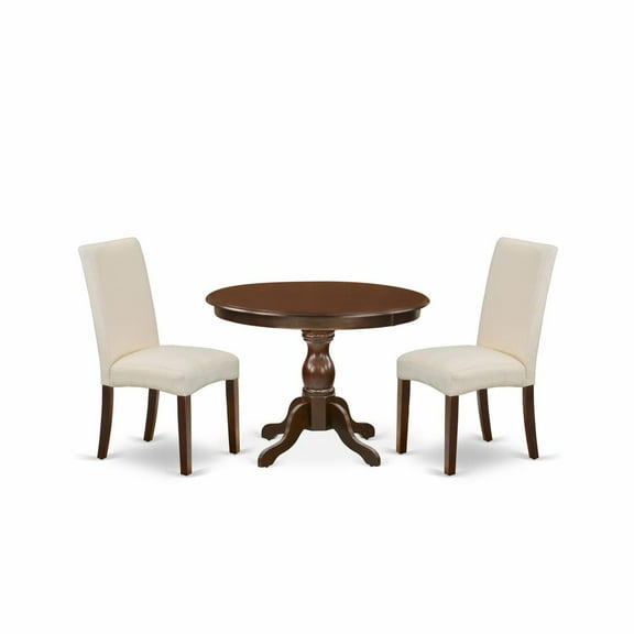 East West Furniture HBDR3-MAH-01 3 Piece Dining Room Table Set - Mahogany Round Dining Table and 2 Cream Linen Fabric Modern Dining Chairs with High Back - Mahogany Finish