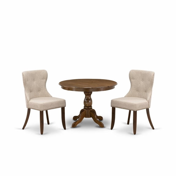 East West Furniture HBSI3-AWA-04 3 Piece Dining Table Set - Acacia Walnut Dining Table and 2 Light Tan Linen Fabric Dining Chairs Button Tufted Back with Nail Heads - Acacia Walnut Finish