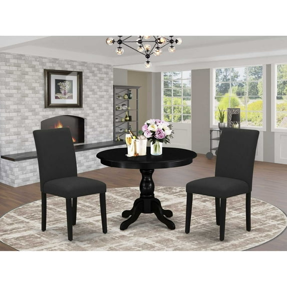East West Furniture HBAB3-ABK-24 3 Piece Kitchen Table Set - Black Dinner Table and 2 Black Linen Fabric Parsons Dining Chairs with High Back - Wire Brushed Black Finish