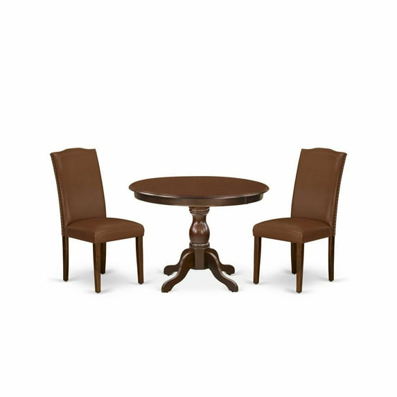 East West Furniture HBEN3-MAH-66 3 Piece Dining Table Set - Mahogany Wood Table and 2 Brown Faux Leather Chairs for Dining Room with High Back - Mahogany Finish