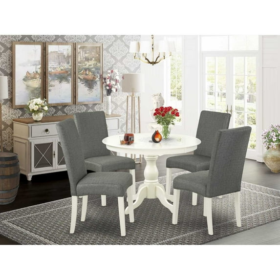 East West Furniture HBDR5-LWH-07 5 Piece Table and Chairs Dining Set - Linen White Small Kitchen Table and 4 Grey Linen Fabric Mid Century Modern Chairs with High Back - Linen White Finish