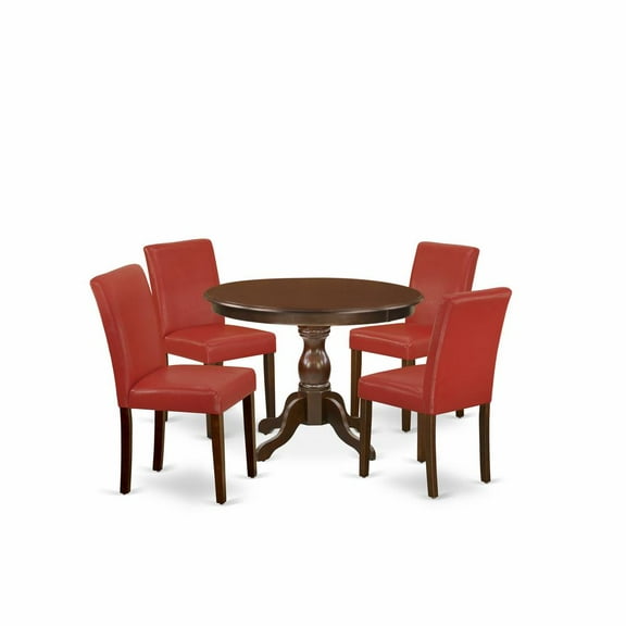East West Furniture HBAB5-MAH-72 5 Piece Dining Room Table Set - Mahogany Small Dining Table and 4 Firebrick Red PU Leather Kitchen Chairs with High Back - Mahogany Finish