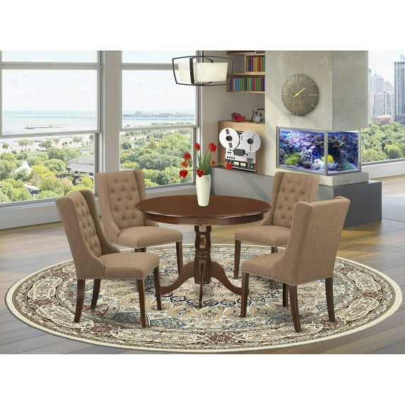 East West Furniture HLFO5-MAH-47 5-Piece Kitchen Dining Room Set Includes 1 Pedestal Table and 4 Light Sable Linen Fabric Parson Chairs with Button Tufted Back - Mahogany Finish