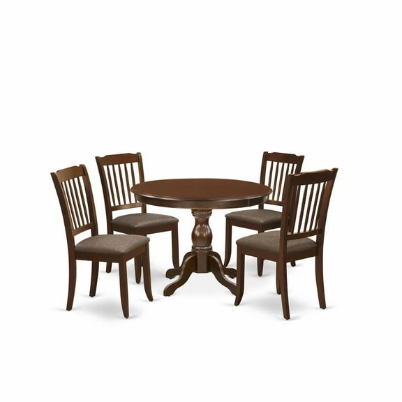 East West Furniture HBDA5-MAH-C 5 Piece Dining Room Table Set - Mahogany Dinning Table and 4 Mahogany Linen Fabric Dining Chairs with Slatted Back - Mahogany Finish