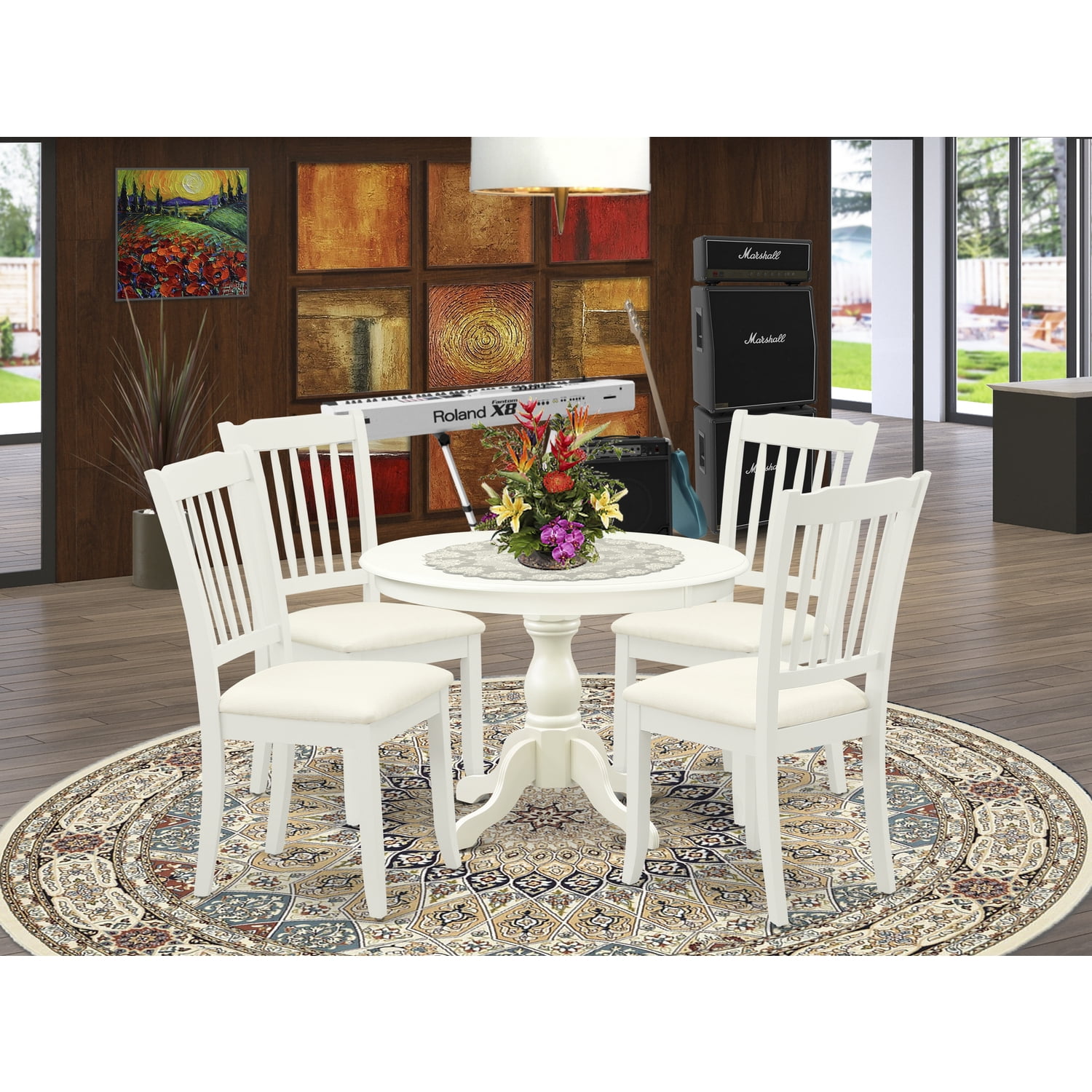 Linen White Solid Wood Round Dining Table Set with 4 Chairs