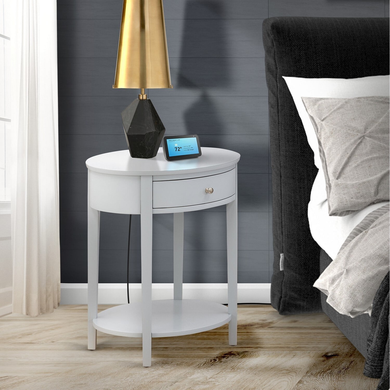 Urban Gray Round Wood Nightstand with Drawer