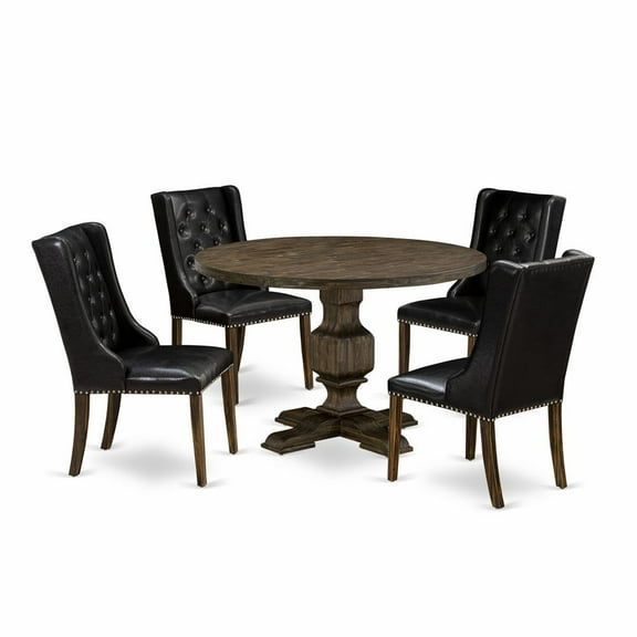 East West Furniture 5 Piece Dining Room Table Set Contains a Wooden Table and 4 Black PU Leather Mid Century Modern Dining Chairs with Button Tufted Back - Distressed Jacobean Finish