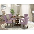 thumbnail image 1 of East West Furniture 5 Piece Dining Room Table Set Includes a Dining Room Table and 4 Dahlia Linen Fabric Dining Room Chairs with Button Tufted Back - Distressed Jacobean Finish, 1 of 7