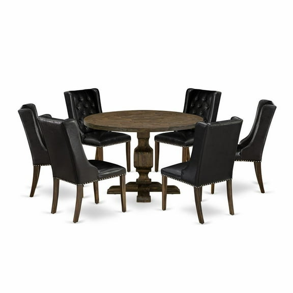 East West Furniture 7 Piece Dining Room Set Includes a Mid Century Modern Dining Table and 6 Black PU Leather Dining Chairs with Button Tufted Back - Distressed Jacobean Finish