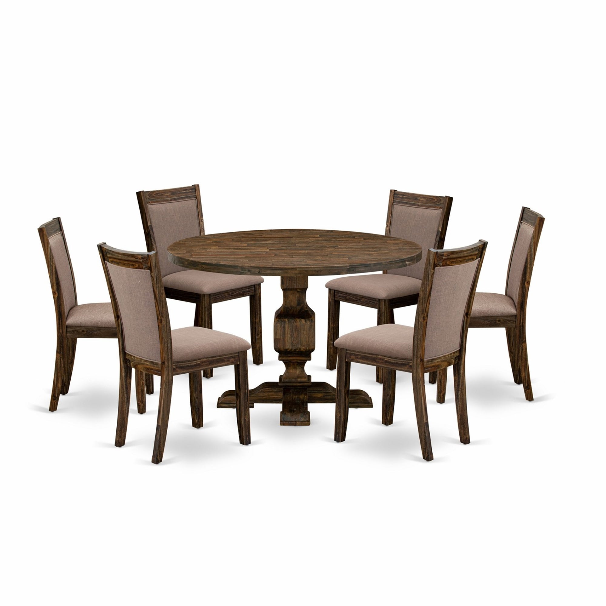 Distressed Jacobean Finish Round Wood Dining Table with 6 Linen Chairs