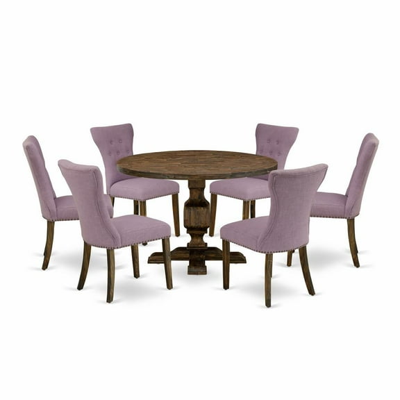 East West Furniture 7 Piece Table Set Consists of a Kitchen Table and 6 Dahlia Linen Fabric Dining Chairs with Button Tufted Back - Distressed Jacobean Finish