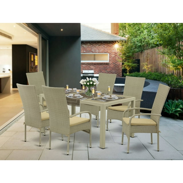 East West Furniture Jubi 7-piece Modern Metal Patio Set with Cushion in Natural