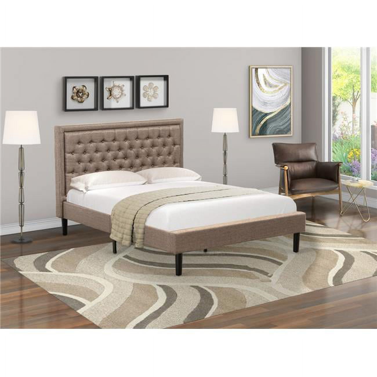 Queen Dark Khaki Tufted Linen Upholstered Bed with Wood Slats