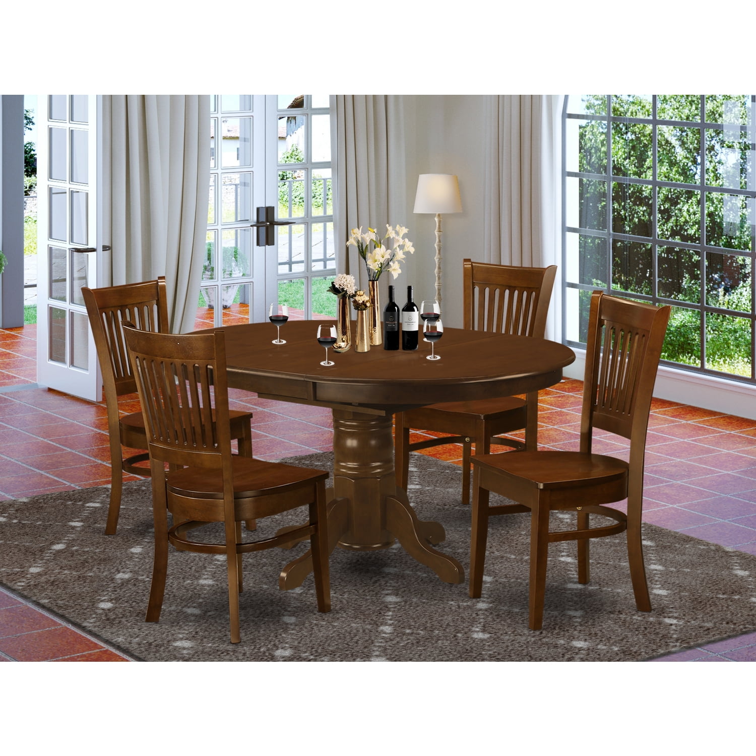 Espresso Rubberwood Oval Dining Table Set with 4 Slat Back Chairs