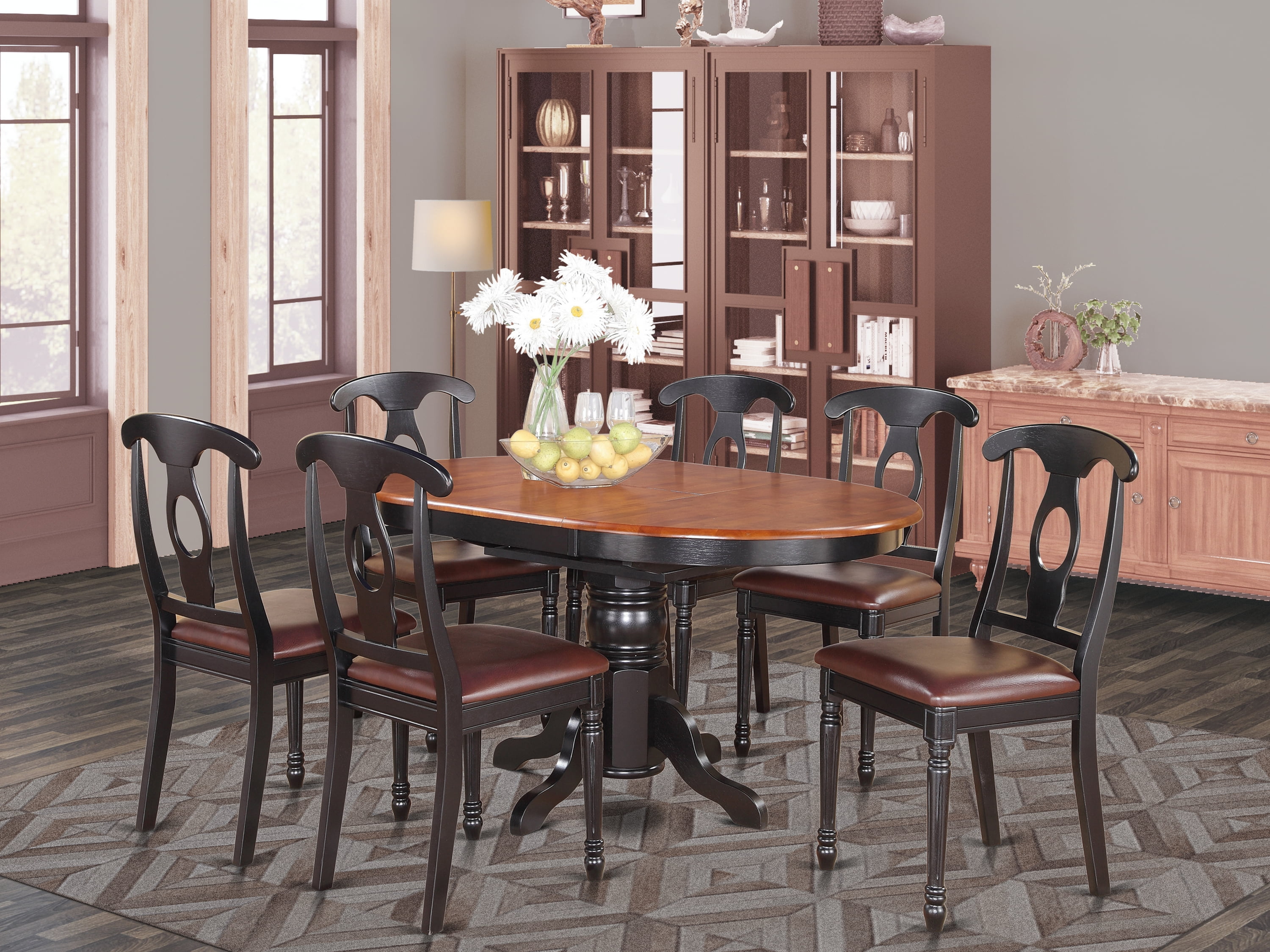 Kenley 7 Pc Dining Set - Oval Table & 6 Chairs , Black & Cherry Finish , Butterfly Leaf , Napoleon Style Chairs , Wood or Leather Seats