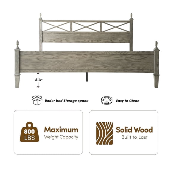 East West Furniture King Wooden Platform Bed Frame, Weathered Gray Oak Finish, Traditional Style