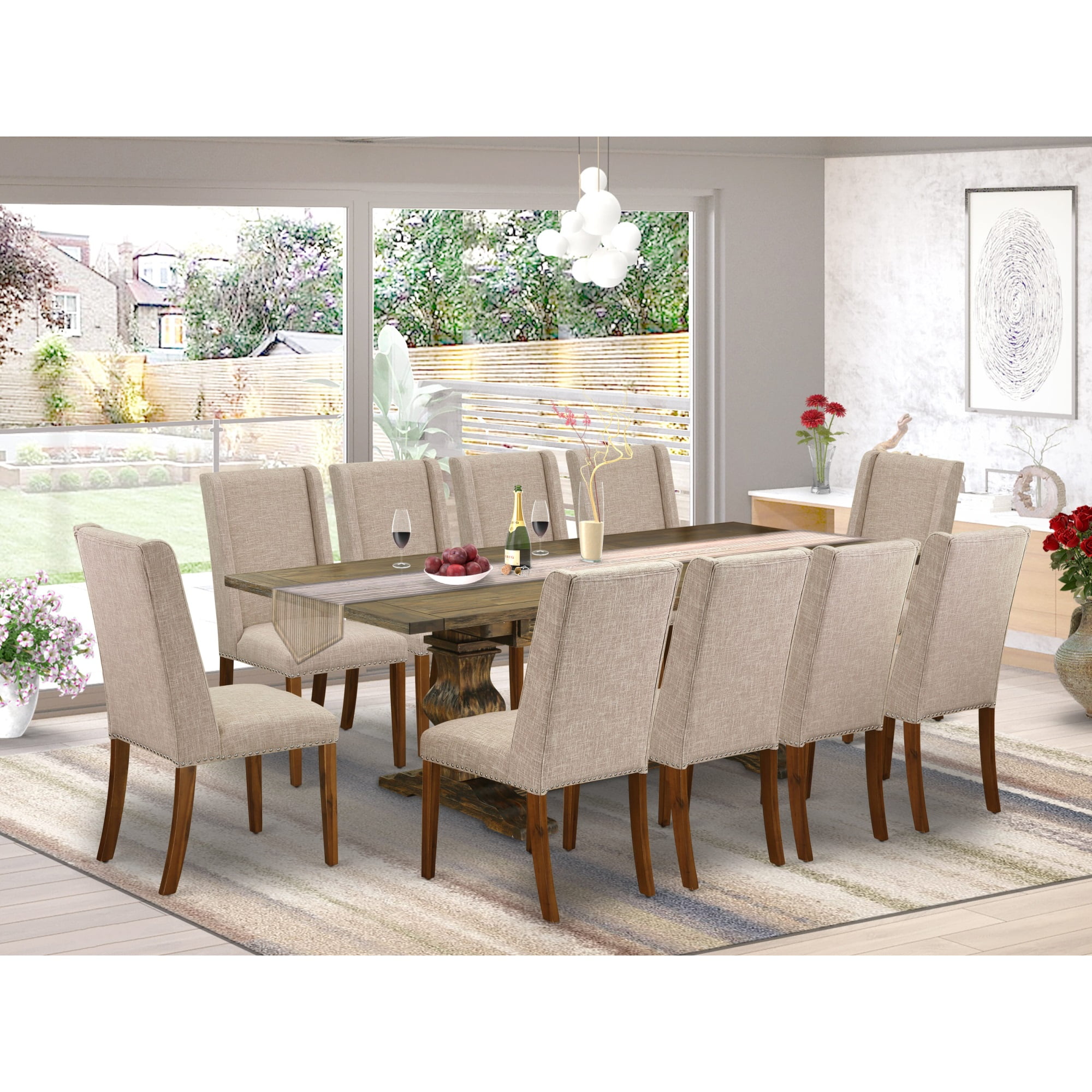 Distressed Jacobean Acacia Wood Dining Set with Light Tan Linen Chairs