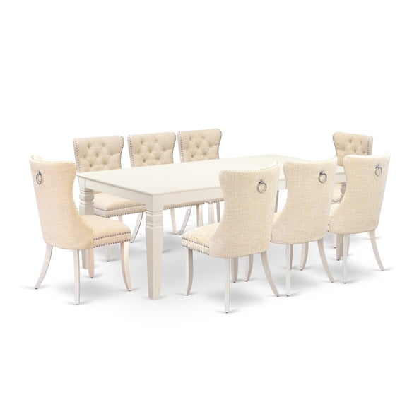 East West Furniture LGDA9-LWH-32 9 Piece Dining Table Set Includes a Rectangle Kitchen Table with Butterfly Leaf and 8 Padded Chairs, 42x84 Inch, linen white