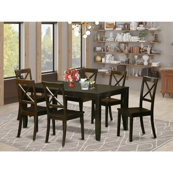 East West Furniture LYBO7-CAP-W 7 Piece Formal Dining Room Set-Dining Room Table With Leaf 6 Chairs For Dining Room