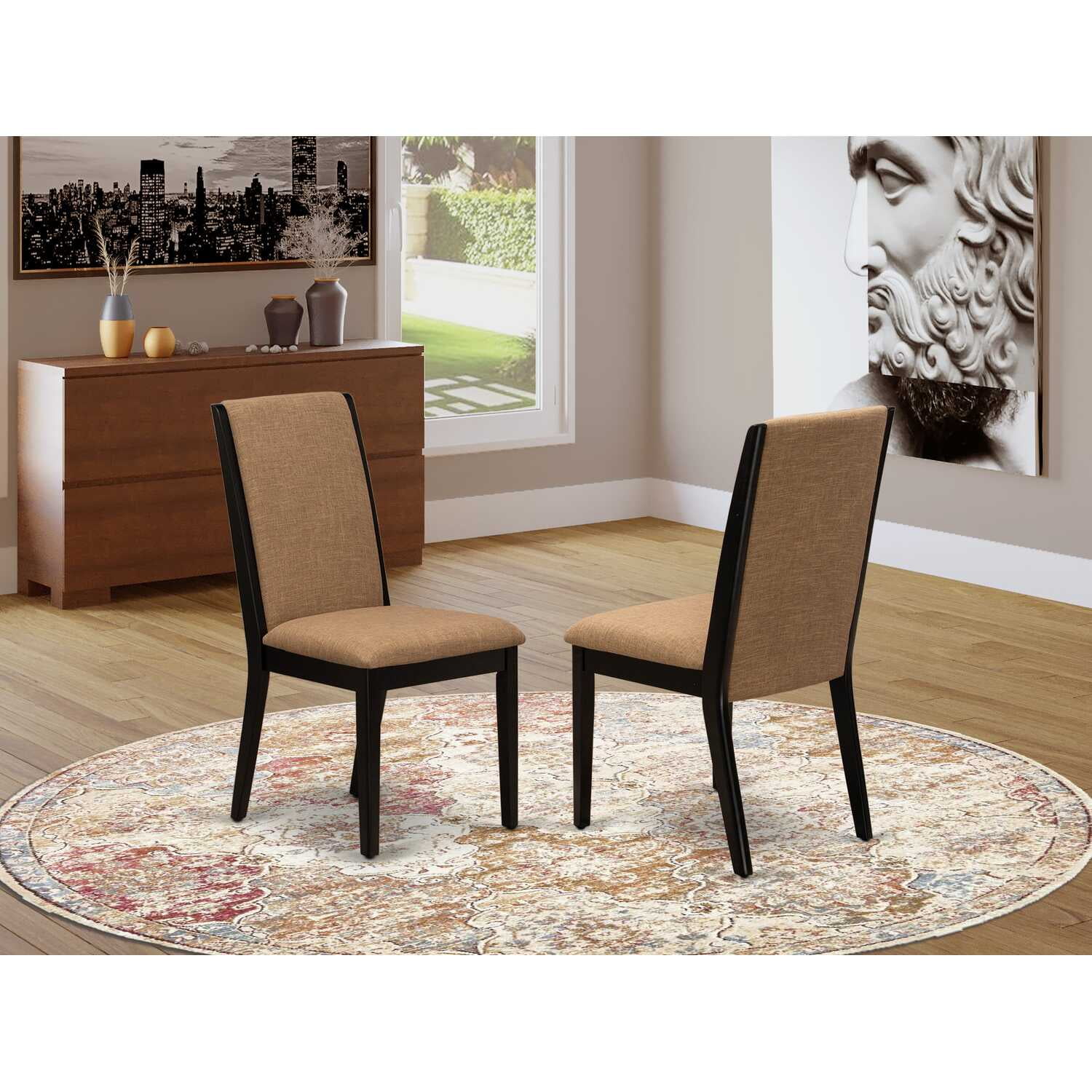 Transitional High-Back Parsons Side Chair in Black Linen and Wood