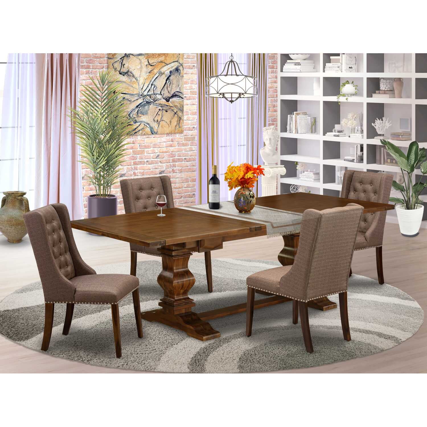 Antique Walnut 5-Piece Dining Set with Brown Linen Chairs