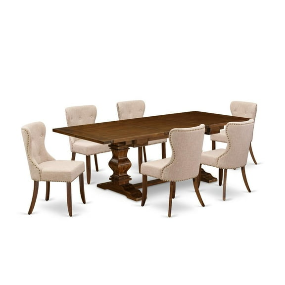 East West Furniture Lassale 7 Piece, 6 kitchen dining chairs and a rectangular dining table, Brown