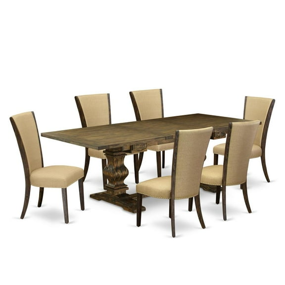 East West Furniture LAVE7-77-03 7Pc Dining Room Table Set Consists of a Dining Room Table and 6 Parsons Dining Chairs with Brown Color Linen Fabric, Distressed Jacobean Finish