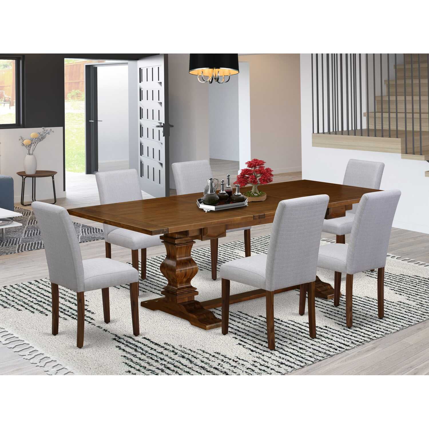 Walnut Rectangular Dining Table Set with Gray Linen Upholstered Chairs