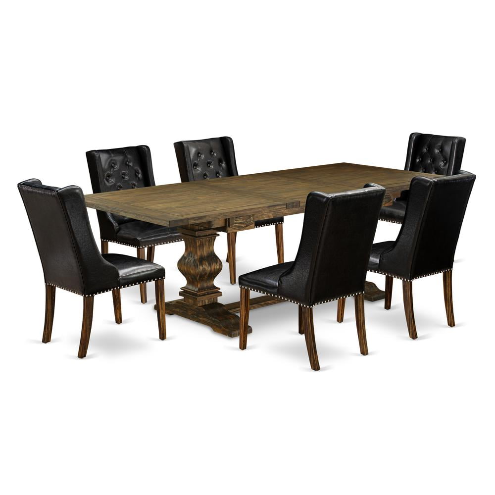 Distressed Jacobean Brown Wood Dining Set with Black Faux Leather Chairs