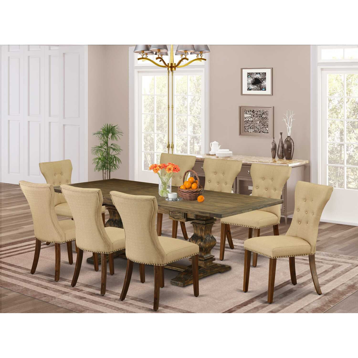 Distressed Jacobean 92" Wood Dining Set with 8 Beige Linen Chairs