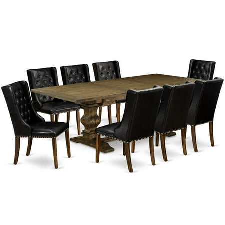 East West Furniture LAFO9-77-49 9-Piece Dinette Set Includes 1 Butterfly Leaf Double Pedestal Kitchen Table and 8 Black Linen Fabric Parson Chairs with Button Tufted Back - Distressed Jacobean Finish