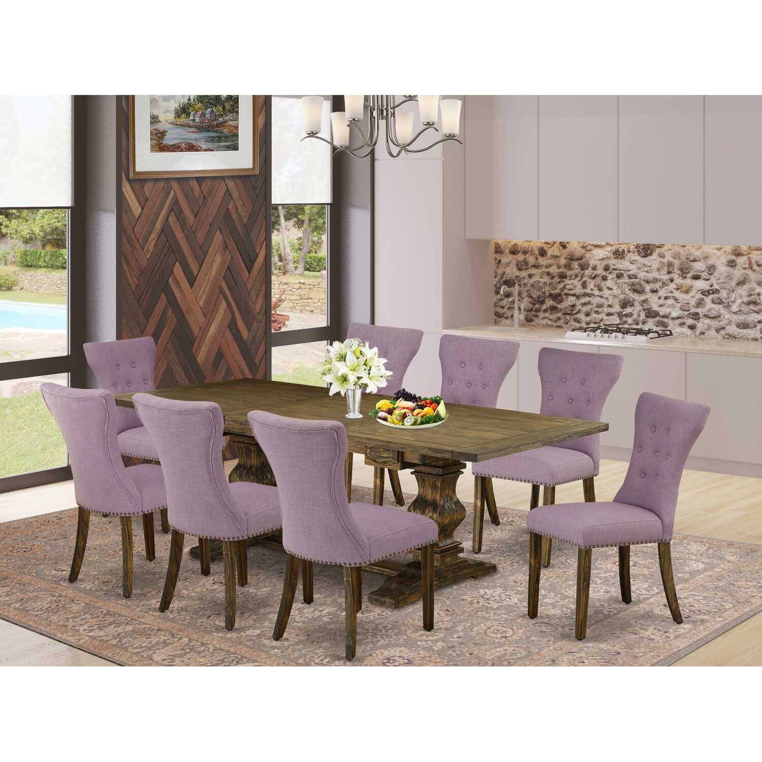 Distressed Jacobean Wood Dining Set with Dahlia Linen Chairs