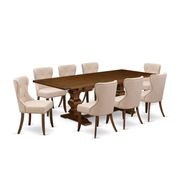East West Furniture Lassale 9-piece Wood Dining Set in Walnut/Tan