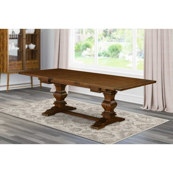 East West Furniture LAT-08-TP Rectangular Kitchen Table with Butterfly Leaf Antique Walnut Color Table Top Surface and Solid Wood Kitchen Table Legs in Antique Walnut Finish