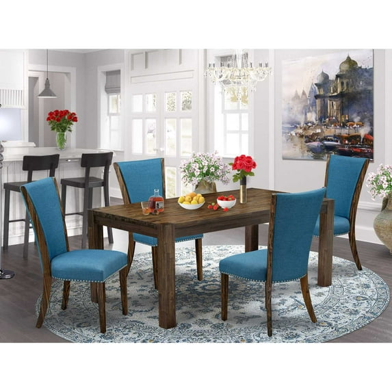 East West Furniture - LMVE5-77-21 - 5-Pc Dining Table Set- 4 Upholstered Dining Chairs and Kitchen Dining Table - Blue Linen Fabric Seat and High Chair Back - Distressed Jacobean Finish