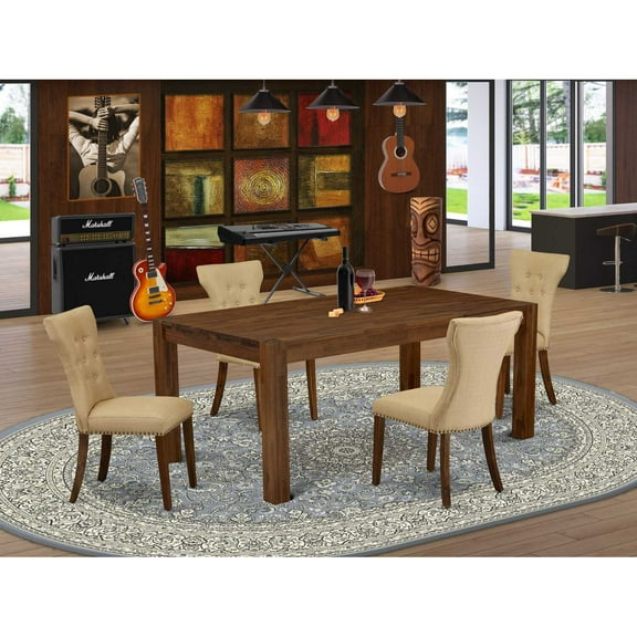 East West Furniture LMGA5-N8-03 5-Pc Dining Table Set- 4 Mid Century Dining Chairs with Brown Linen Fabric Seat and Button Tufted Chair Back and Modern Rectangular Table Top & Wooden 4 Legs - Antique