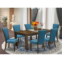 East West Furniture - LMVE7-77-21 - 7-Pc Dining Room Table Set- 6 Kitchen Parson Chairs and Rectangular Table - Blue Linen Fabric Seat and High Chair Back - Distressed Jacobean Finish