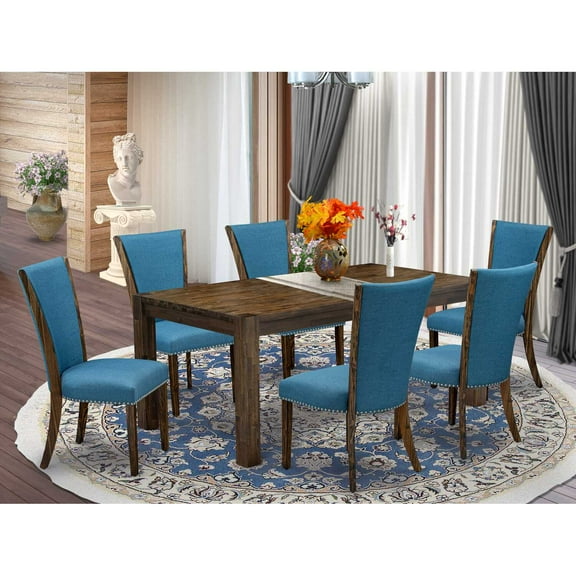 East West Furniture - LMVE7-77-21 - 7-Pc Dining Room Table Set- 6 Kitchen Parson Chairs and Rectangular Table - Blue Linen Fabric Seat and High Chair Back - Distressed Jacobean Finish
