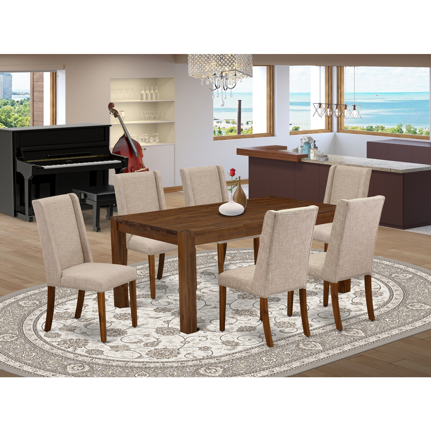 East West Furniture Lismore 7piece Wood Dining Set in Walnut/Clay