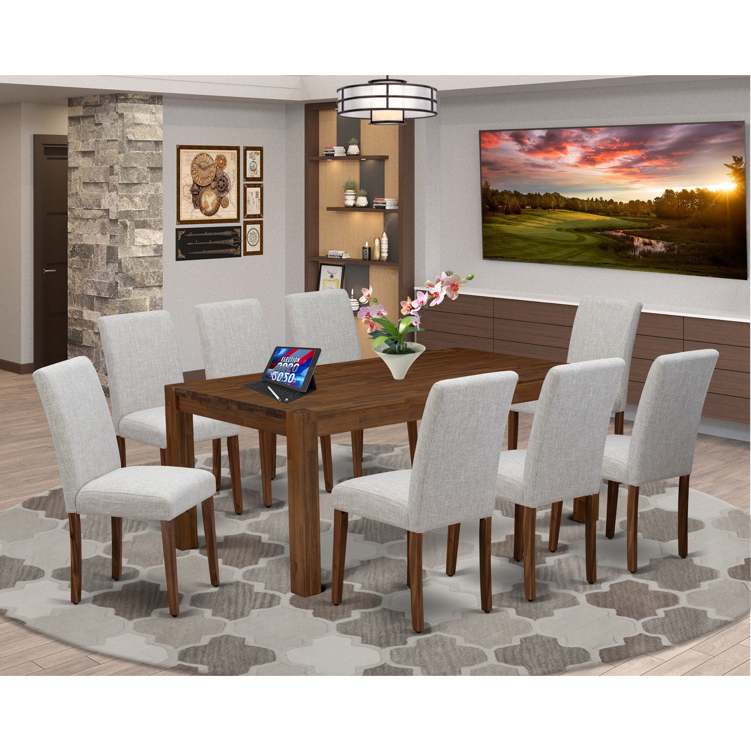 East West Furniture Lismore 9piece Wood Dining Set in Walnut/Doeskin