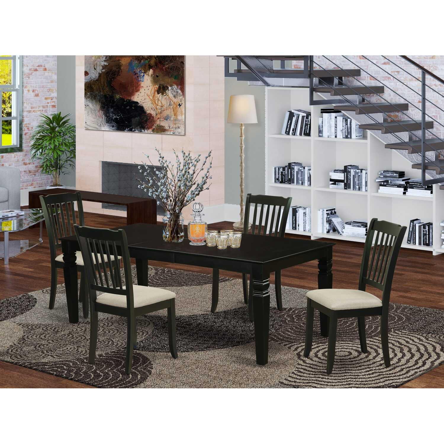 Black Rectangular Wood Dining Set with Cream Linen Seats