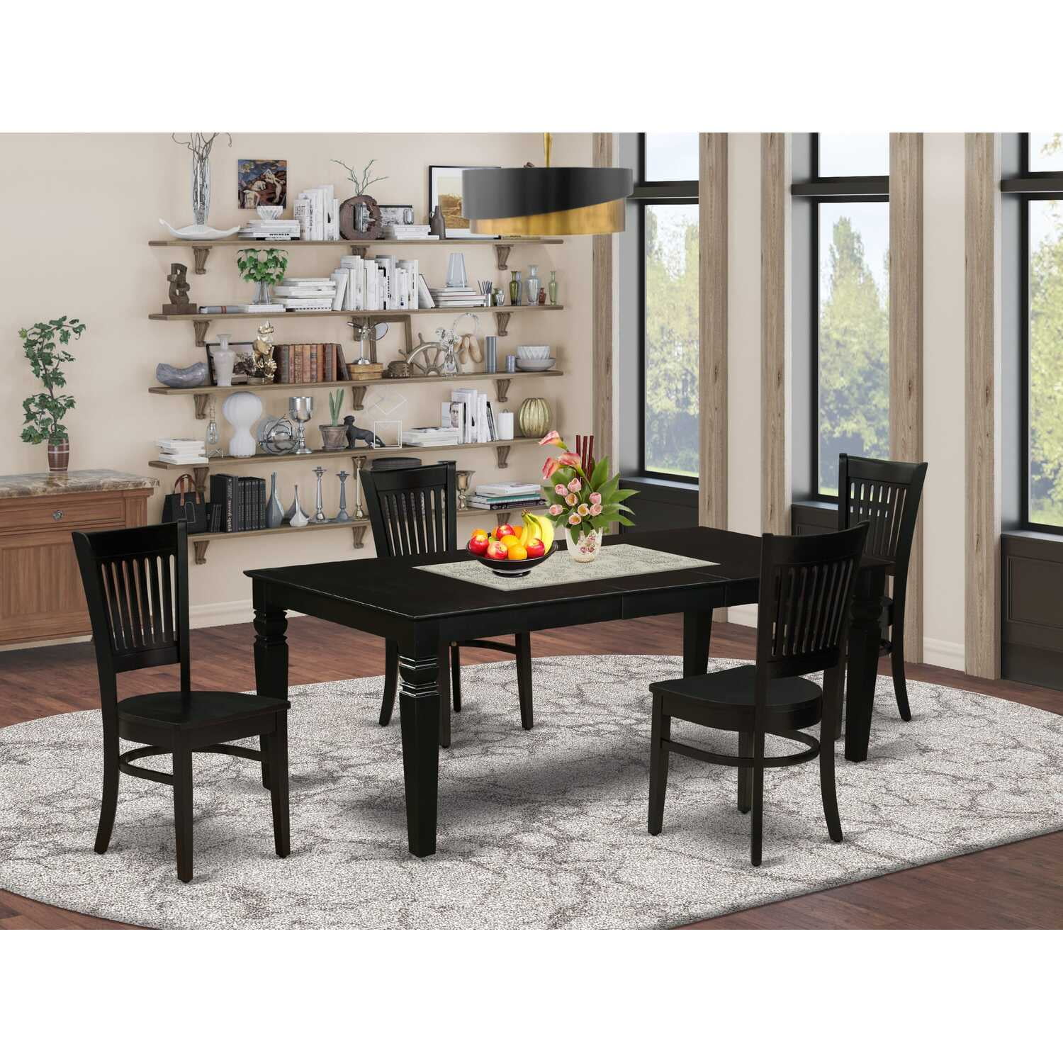 Black Rubberwood Extendable Dining Table Set with 4 Slatted Chairs