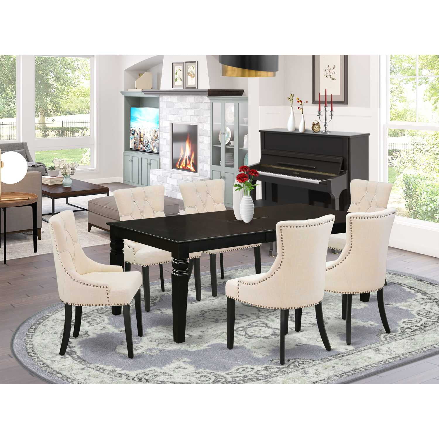 Black Rectangular Wood Dining Table with 6 Beige Linen Chairs